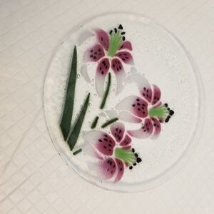 Vintage Fused Glass 7.5 inche Dish/Plate Clear Glass With Flower